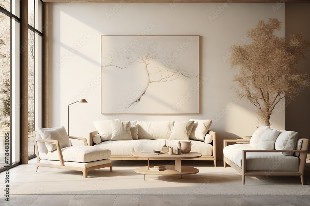 Poster minimalist lounge with fireplace and elegant sofa- 3d rendering generative ai