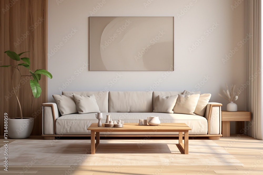 Poster minimalist lounge with fireplace and elegant sofa- 3d rendering generative ai