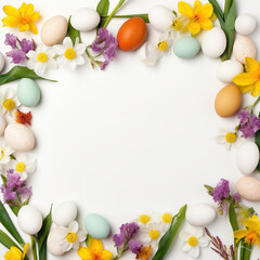 Naklejka na ściany i meble Easter eggs border. Happy Easter concept with easter eggs and flowers. Easter frame with eggs and flowers. Copy space. Greeting card.
