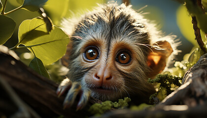 Cute small monkey sitting on branch, looking at camera in forest generated by AI