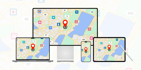 Concept of a responsive GPS navigation app and application designed for desktop computer, laptop, tablet, smartphone, and mobile phone with a GPS navigation map displayed on screen. Vector.