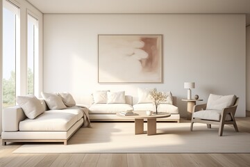 Fototapeta na wymiar Minimalist lounge with fireplace and elegant sofa- 3D Rendering Generative AI