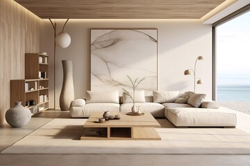 Minimalist lounge with fireplace and elegant sofa- 3D Rendering Generative AI