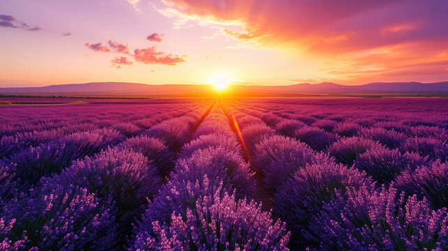 Vast lavender fields with orange and purple sky at sunset