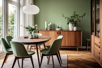 Simple and nice dining room with long wooden table, different and stylish, white and green chairs, Green and red armchair on patterned carpet in colorful flat interior with plants Generative AI