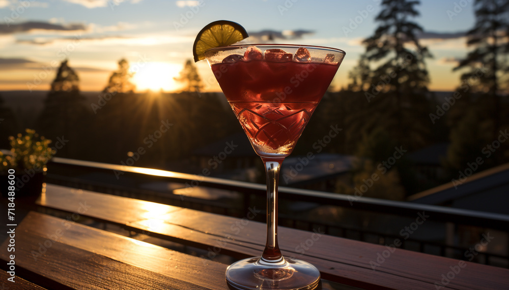 Sticker sunset cocktail on outdoor table, refreshing drink with ice and fruit generated by ai