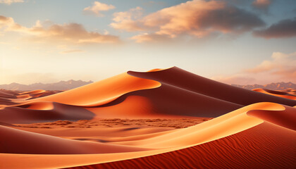 Fototapeta na wymiar Arid landscape, majestic mountain range, striped sand dunes at sunset generated by AI