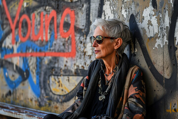 Urban woman sitting by a graffiti wall 