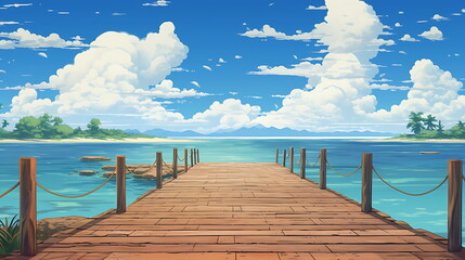 a boardwalk with two wooden boards into water and blue ocean, generative AI - obrazy, fototapety, plakaty
