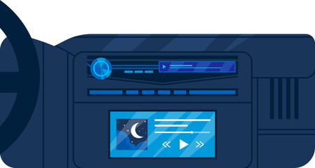Blue futuristic car dashboard with navigation screen and indicators. Modern vehicle interior display with night view. Technology in transport vector illustration.