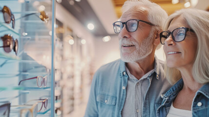 Caucasian middle aged woman and men wearing pair of glasses in optical store, selective focus - obrazy, fototapety, plakaty