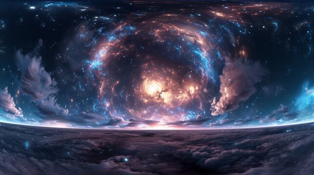 360 degree equirectangular projection space background with nebula and stars, environment map. HDRI spherical panorama