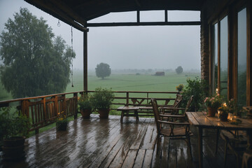 The rural atmosphere is calm and quiet without people seen from the terrace of the house on a rainy evening