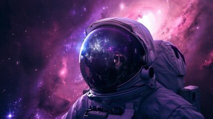 Astronaut in space with stars, a galaxy, a purple and blue nebula, and galaxies reflected in his...