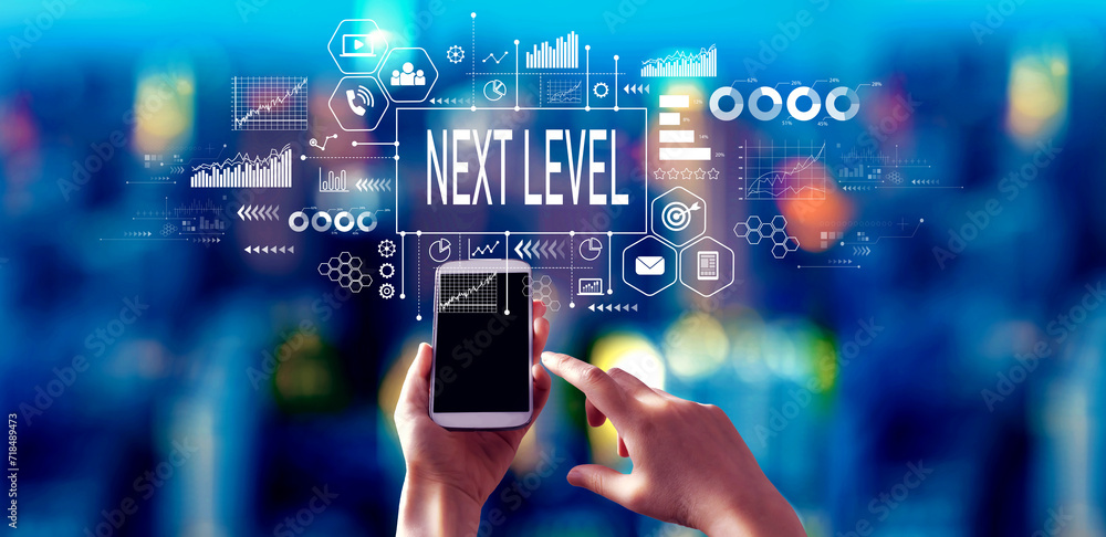 Poster next level concept with person using a smartphone in a city at night