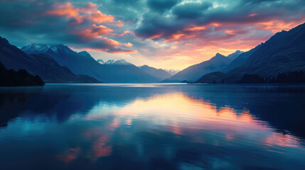 Fototapeta na wymiar Beautiful landscape of mountains with calm lake at sunrise