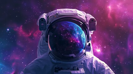 Astronaut in space with stars, a galaxy, a purple and blue nebula, and galaxies reflected in his helmet