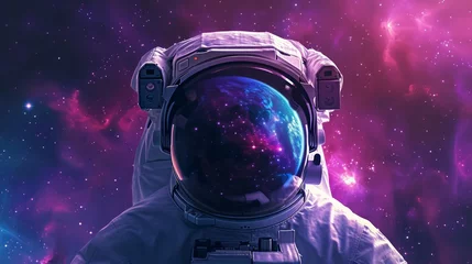 Fototapeten Astronaut in space with stars, a galaxy, a purple and blue nebula, and galaxies reflected in his helmet © Artem