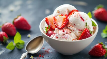 Sweet creamy ice cream with strawberries topping - obrazy, fototapety, plakaty