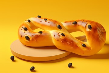 Fougasse Bread, Artfully Slashed and Garnished, Against a Yellow Background, Generative AI