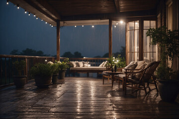 The terrace of the house on a rainy night is quiet without people