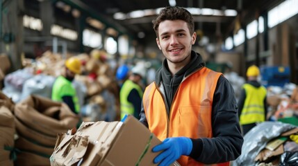 Recycling concept. Young worker in protective vest and gloves holding cardboard while working with colleagues in garbage sorting center. - obrazy, fototapety, plakaty