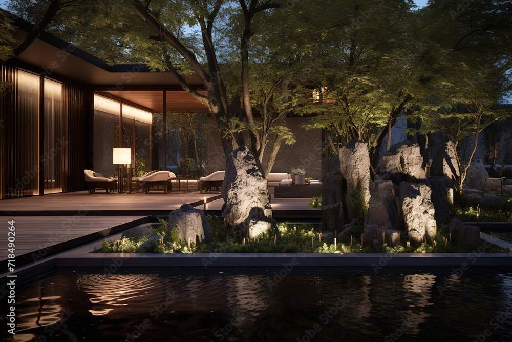 Poster 3d rendering of new concrete house in modern style with pool and parking for sale or rent only one f