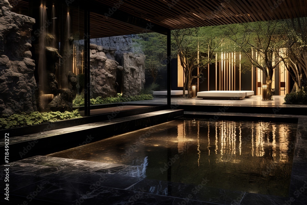 Poster 3d rendering of new concrete house in modern style with pool and parking for sale or rent only one f