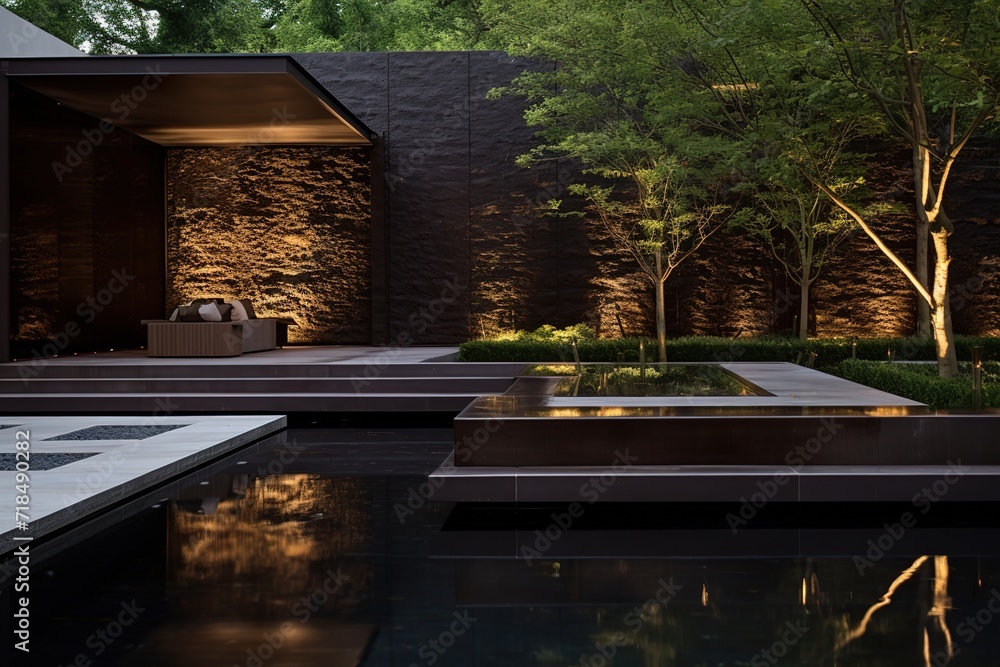 Poster 3d rendering of new concrete house in modern style with pool and parking for sale or rent only one f