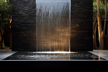 3d rendering of new concrete house in modern style with pool and parking for sale or rent only one floor in evening Generative AI