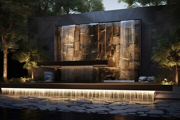 3d rendering of new concrete house in modern style with pool and parking for sale or rent only one floor in evening Generative AI - obrazy, fototapety, plakaty