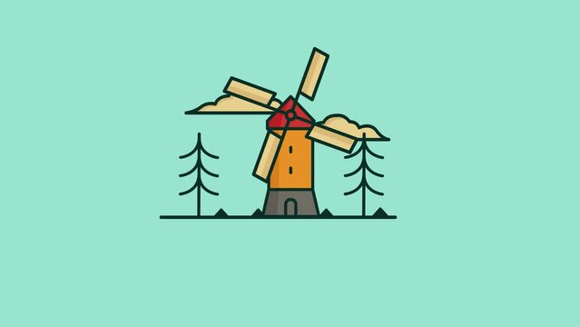 windmill animated flat cartoon, view windmill, cloud, and pine tree in motion design.