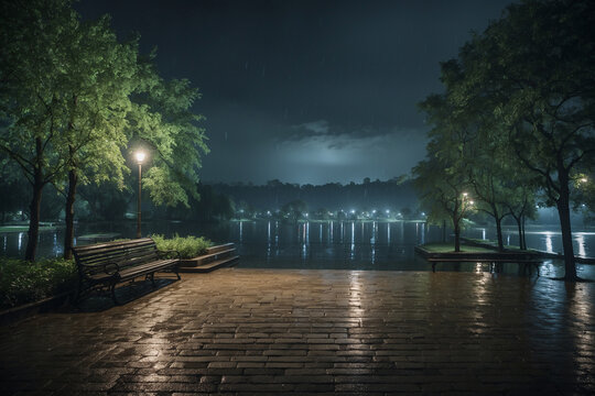 The park with the lake was raining at night without people