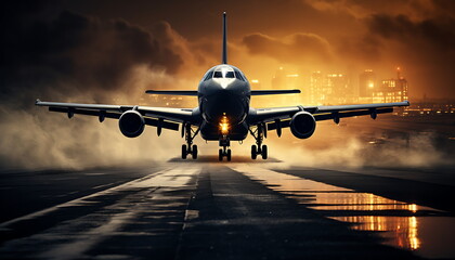 Naklejka premium an airplane taking off from an airport the runway. generative ai