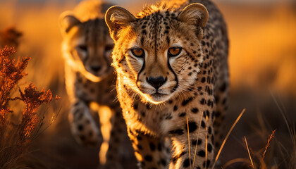 Majestic cheetah walking in the African savannah, beauty in nature generated by AI