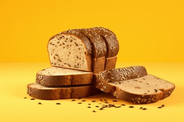 Rustic Rye Bread, Sliced and Stacked, Featuring Caraway Seeds, on a Yellow Background, Generative AI - obrazy, fototapety, plakaty