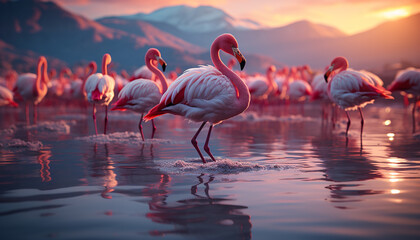 Nature elegance reflected in tranquil sunset, showcasing beauty in wildlife generated by AI