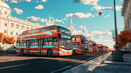 buses driving down a city street. Generate Ai