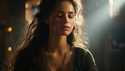 Young woman with long brown hair, indoors, looking at camera generated by AI