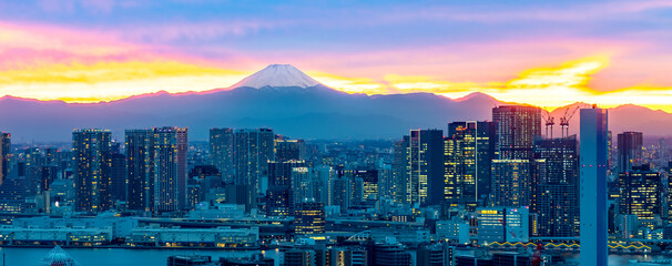 View of Mount Fuji from Tokyo, Japan at sunset - obrazy, fototapety, plakaty