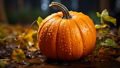 Autumn pumpkin, leaf, and Halloween decoration on wooden table generated by AI