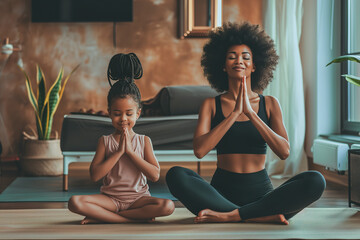Mother and daughter practicing mindfulness and yoga together as a lifestyle practice  - obrazy, fototapety, plakaty