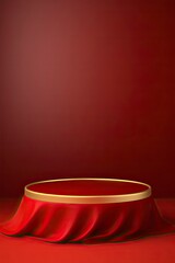 3d minimal podium display with golden fabric on red background for branding and product presentation, copy space - generative ai