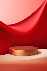 3d minimal podium display with golden fabric on red background for branding and product presentation, copy space - generative ai