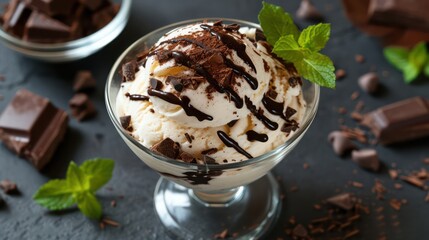 A dessert comprising rich, creamy ice cream topped with delicious chocolate