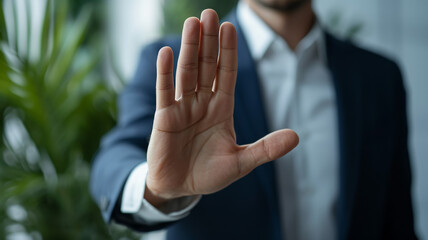 A close-up of a businessman's hand signaling 'stop', indicating a refusal or disagreement with a deal or statement in the office., selective focus - obrazy, fototapety, plakaty
