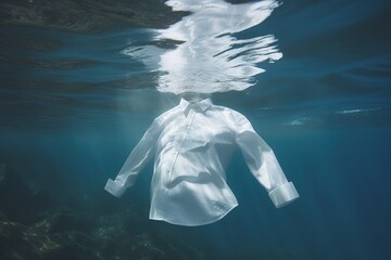 Washed white shirt on blue ocean background. Laundry detergent advertising mock up, 3d illustration Generative AI