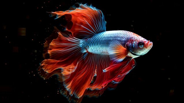 Animation of a red betta fish in an aquarium, fighting fish