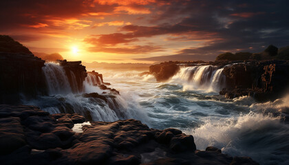 Majestic sunset over the coastline, waves splashing on rocky cliffs generated by AI