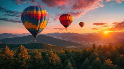 Majestic hot air balloons are flying over trees against the backdrop of a sunset with mountains.